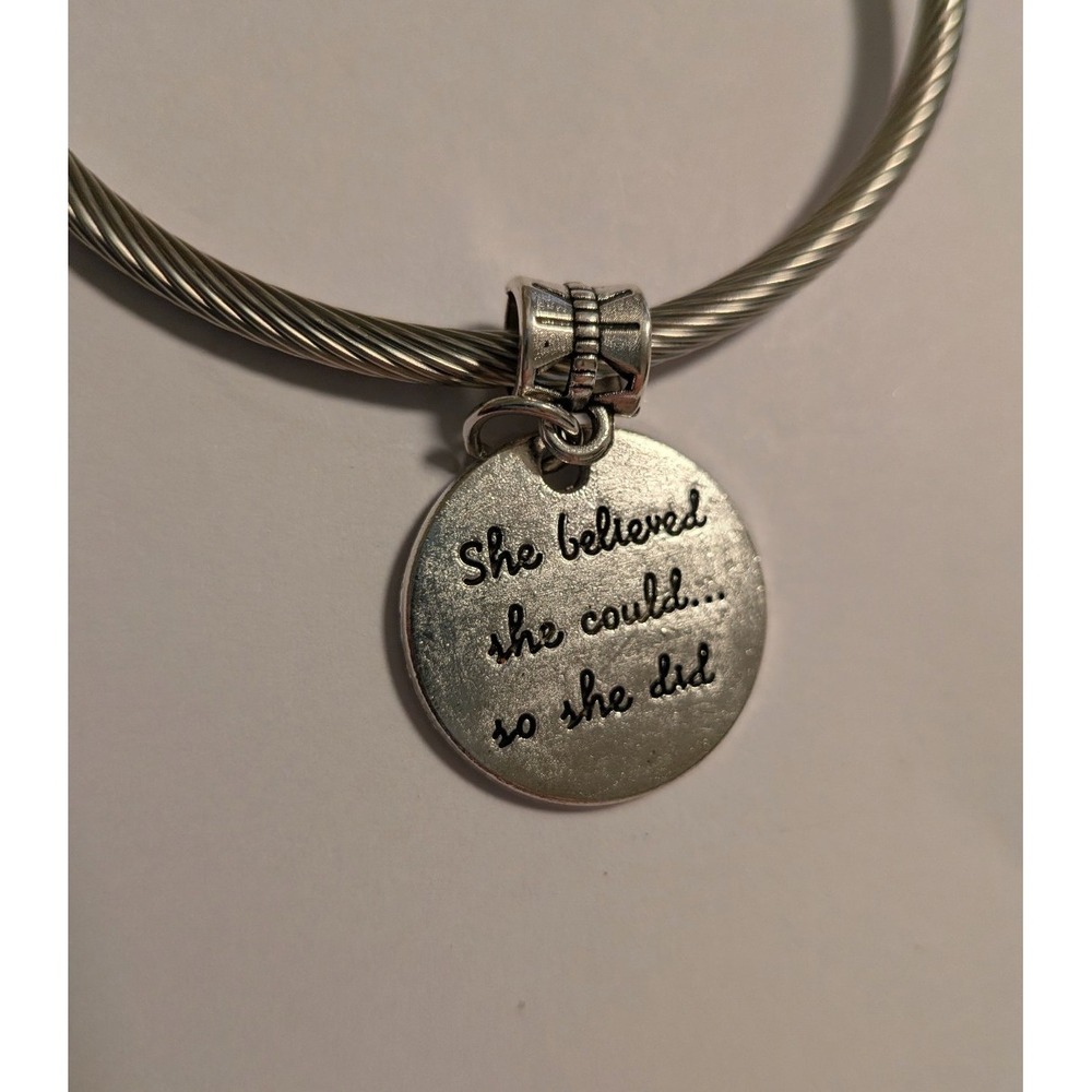 She Believed She Could So She Did Silver Tone Cable Bangle Bracelet Quote Charm